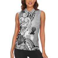 Aotearoa Maori Wahine Women Sleeveless Polo Shirt Fantail Bird Black Gold Marble