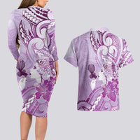 Aotearoa Maori Wahine Couples Matching Long Sleeve Bodycon Dress and Hawaiian Shirt Fantail Bird Purple Gold Marble LT05 - Polynesian Pride