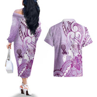 Aotearoa Maori Wahine Couples Matching Off The Shoulder Long Sleeve Dress and Hawaiian Shirt Fantail Bird Purple Gold Marble