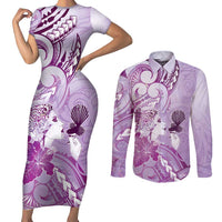Aotearoa Maori Wahine Couples Matching Short Sleeve Bodycon Dress and Long Sleeve Button Shirt Fantail Bird Purple Gold Marble LT05 Purple - Polynesian Pride