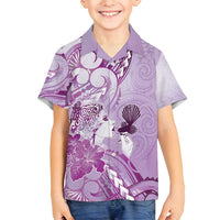 Aotearoa Maori Wahine Family Matching Off Shoulder Maxi Dress and Hawaiian Shirt Fantail Bird Purple Gold Marble LT05 Son's Shirt Purple - Polynesian Pride