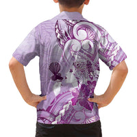 Aotearoa Maori Wahine Family Matching Off Shoulder Short Dress and Hawaiian Shirt Fantail Bird Purple Gold Marble
