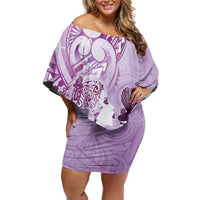 Aotearoa Maori Wahine Family Matching Off Shoulder Short Dress and Hawaiian Shirt Fantail Bird Purple Gold Marble
