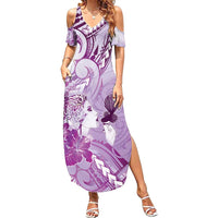 Aotearoa Maori Wahine Family Matching Summer Maxi Dress and Hawaiian Shirt Fantail Bird Purple Gold Marble LT05 Mom's Dress Purple - Polynesian Pride