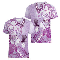Aotearoa Maori Wahine Women V-Neck T-Shirt Fantail Bird Purple Gold Marble LT05 - Polynesian Pride
