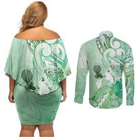 Aotearoa Maori Wahine Couples Matching Off Shoulder Short Dress and Long Sleeve Button Shirt Fantail Bird Green Gold Marble