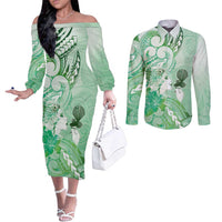 Aotearoa Maori Wahine Couples Matching Off The Shoulder Long Sleeve Dress and Long Sleeve Button Shirt Fantail Bird Green Gold Marble LT05 Green - Polynesian Pride