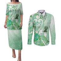 Aotearoa Maori Wahine Couples Matching Puletasi and Long Sleeve Button Shirt Fantail Bird Green Gold Marble LT05 Green - Polynesian Pride