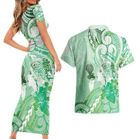Aotearoa Maori Wahine Couples Matching Short Sleeve Bodycon Dress and Hawaiian Shirt Fantail Bird Green Gold Marble LT05 - Polynesian Pride