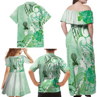 Aotearoa Maori Wahine Family Matching Off Shoulder Maxi Dress and Hawaiian Shirt Fantail Bird Green Gold Marble
