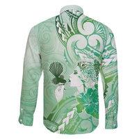 Aotearoa Maori Wahine Family Matching Off Shoulder Short Dress and Hawaiian Shirt Fantail Bird Green Gold Marble