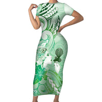 Aotearoa Maori Wahine Family Matching Short Sleeve Bodycon Dress and Hawaiian Shirt Fantail Bird Green Gold Marble LT05 Mom's Dress Green - Polynesian Pride