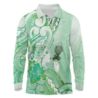 Aotearoa Maori Wahine Long Sleeve Polo Shirt Fantail Bird Green Gold Marble
