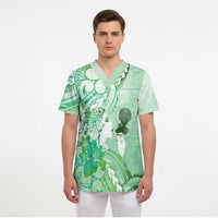 Aotearoa Maori Wahine Scrub Top Fantail Bird Green Gold Marble - Polynesian Pride