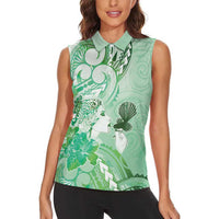 Aotearoa Maori Wahine Women Sleeveless Polo Shirt Fantail Bird Green Gold Marble