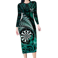 Personalised New Zealand Darts Family Matching Long Sleeve Bodycon Dress and Hawaiian Shirt Maori Koru Dartboard Turquoise Flame