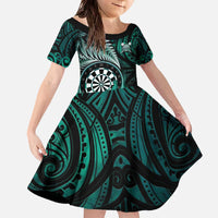 Personalised New Zealand Darts Family Matching Off The Shoulder Long Sleeve Dress and Hawaiian Shirt Maori Koru Dartboard Turquoise Flame