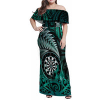 Personalised New Zealand Darts Family Matching Off Shoulder Maxi Dress and Hawaiian Shirt Maori Koru Dartboard Turquoise Flame