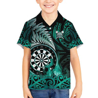 Personalised New Zealand Darts Family Matching Off Shoulder Short Dress and Hawaiian Shirt Maori Koru Dartboard Turquoise Flame