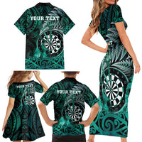 Personalised New Zealand Darts Family Matching Short Sleeve Bodycon Dress and Hawaiian Shirt Maori Koru Dartboard Turquoise Flame