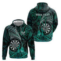 Personalised New Zealand Darts Hoodie Maori Koru Dartboard Turquoise Flame