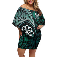 Personalised New Zealand Darts Off Shoulder Short Dress Maori Koru Dartboard Turquoise Flame