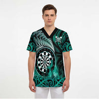 Personalised New Zealand Darts Scrub Top Maori Koru Dartboard Turquoise Flame - Polynesian Pride