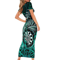 Personalised New Zealand Darts Short Sleeve Bodycon Dress Maori Koru Dartboard Turquoise Flame