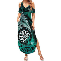 Personalised New Zealand Darts Summer Maxi Dress Maori Koru Dartboard Turquoise Flame
