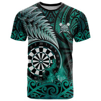 Personalised New Zealand Darts T Shirt Maori Koru Dartboard Turquoise Flame