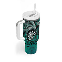 Personalised New Zealand Darts Tumbler With Handle Maori Koru Dartboard Turquoise Flame LT05 - Polynesian Pride