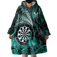 Personalised New Zealand Darts Wearable Blanket Hoodie Maori Koru Dartboard Turquoise Flame