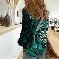 Personalised New Zealand Darts Women Casual Shirt Maori Koru Dartboard Turquoise Flame LT05 - Polynesian Pride