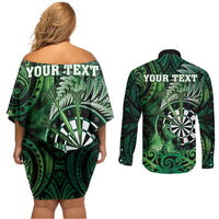 Personalised New Zealand Darts Couples Matching Off Shoulder Short Dress and Long Sleeve Button Shirt Maori Koru Dartboard Green Flame