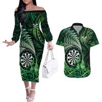 Personalised New Zealand Darts Couples Matching Off The Shoulder Long Sleeve Dress and Hawaiian Shirt Maori Koru Dartboard Green Flame