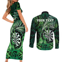 Personalised New Zealand Darts Couples Matching Short Sleeve Bodycon Dress and Long Sleeve Button Shirt Maori Koru Dartboard Green Flame