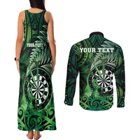 Personalised New Zealand Darts Couples Matching Tank Maxi Dress and Long Sleeve Button Shirt Maori Koru Dartboard Green Flame