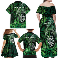 Personalised New Zealand Darts Family Matching Off Shoulder Maxi Dress and Hawaiian Shirt Maori Koru Dartboard Green Flame