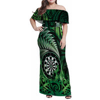 Personalised New Zealand Darts Family Matching Off Shoulder Maxi Dress and Hawaiian Shirt Maori Koru Dartboard Green Flame