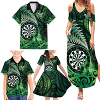 Personalised New Zealand Darts Family Matching Summer Maxi Dress and Hawaiian Shirt Maori Koru Dartboard Green Flame