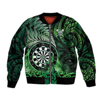 Personalised New Zealand Darts Sleeve Zip Bomber Jacket Maori Koru Dartboard Green Flame