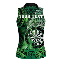 Personalised New Zealand Darts Women Sleeveless Polo Shirt Maori Koru Dartboard Green Flame