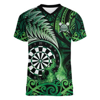Personalised New Zealand Darts Women V-Neck T-Shirt Maori Koru Dartboard Green Flame