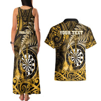 Personalised New Zealand Darts Couples Matching Tank Maxi Dress and Hawaiian Shirt Maori Koru Dartboard Gold Flame