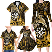 Personalised New Zealand Darts Family Matching Long Sleeve Bodycon Dress and Hawaiian Shirt Maori Koru Dartboard Gold Flame