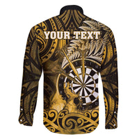 Personalised New Zealand Darts Family Matching Off The Shoulder Long Sleeve Dress and Hawaiian Shirt Maori Koru Dartboard Gold Flame