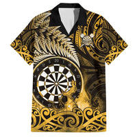 Personalised New Zealand Darts Family Matching Short Sleeve Bodycon Dress and Hawaiian Shirt Maori Koru Dartboard Gold Flame