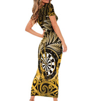 Personalised New Zealand Darts Family Matching Short Sleeve Bodycon Dress and Hawaiian Shirt Maori Koru Dartboard Gold Flame