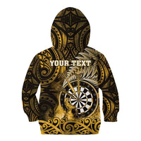 Personalised New Zealand Darts Kid Hoodie Maori Koru Dartboard Gold Flame