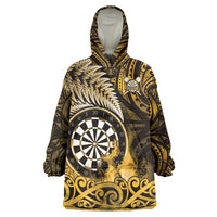 Personalised New Zealand Darts Wearable Blanket Hoodie Maori Koru Dartboard Gold Flame